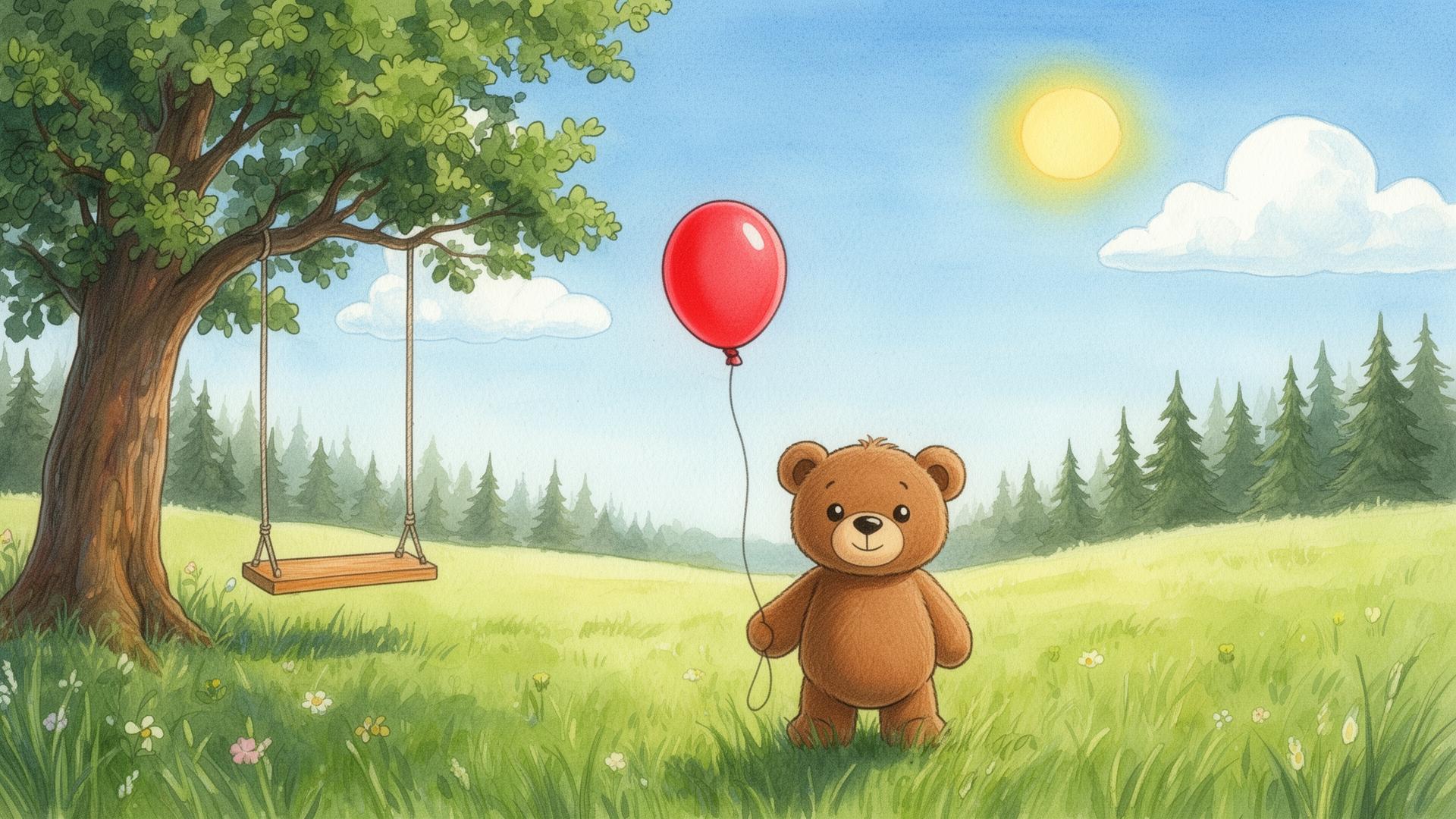 Nalle med röd ballong i en solig äng med skog och en gunga i ett träd